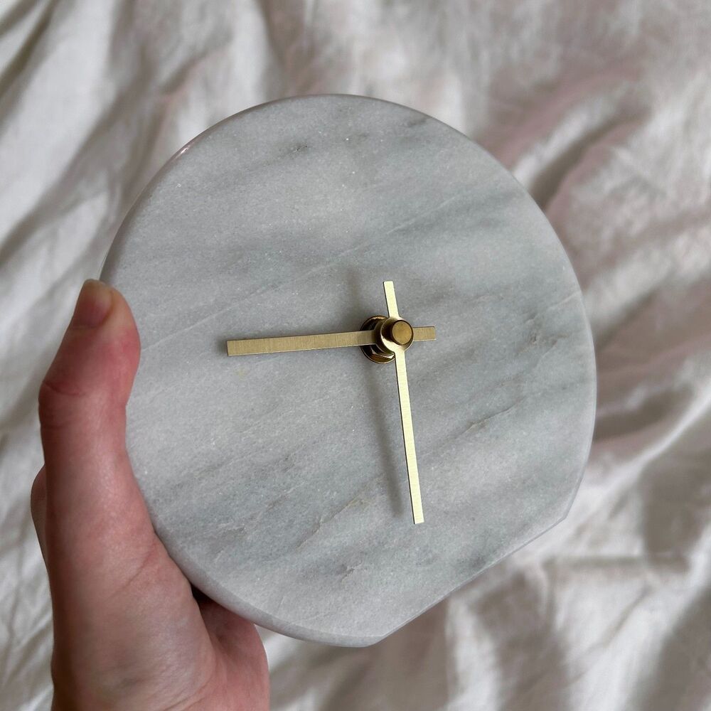 Solid Marble Desk Clock Minimalist Danish Style Gold Hands Heavy 6"